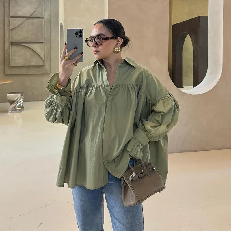 Casual Shirts Women Loose Lantern Sleeve Buttons Turn-Down Collar Pleated Blouse Lady Spring Summer Green Shirts Woman All-match