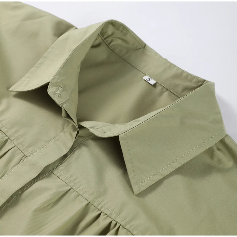 Casual Shirts Women Loose Lantern Sleeve Buttons Turn-Down Collar Pleated Blouse Lady Spring Summer Green Shirts Woman All-match