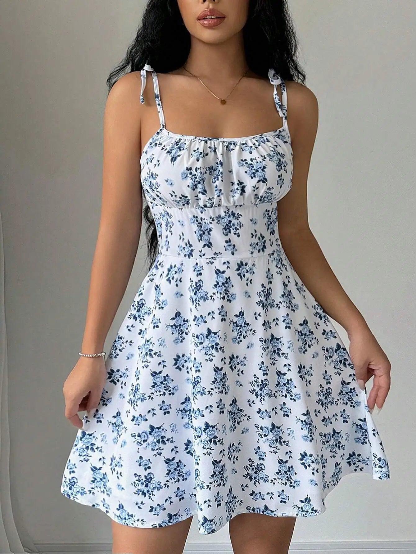Floral Strap Short Dress Square Neck Summer Women's Strap Floral Dress Fashion Daily Women's Wear 2025 Floral Strap Dress