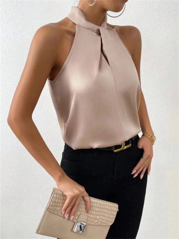Summer new European and American women's color Ding halter sleeveless vest satin imitation silk blouse