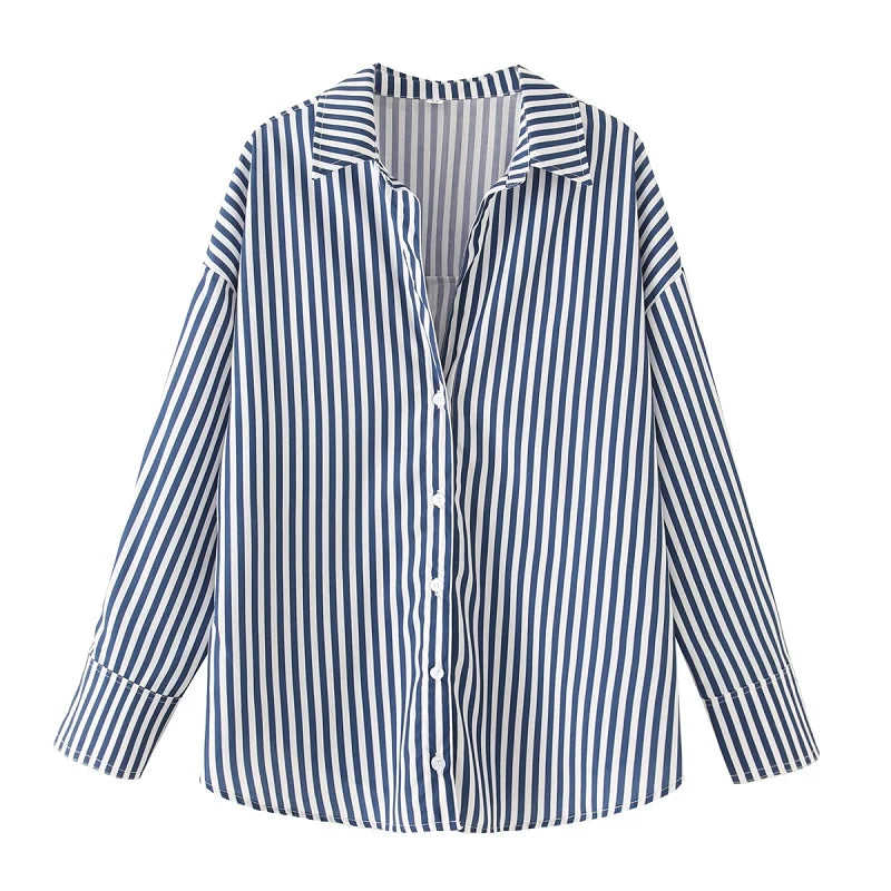 TRAF 2025 Shirts Blouses New Long Striped Shirt Women Long Sleeve Casual Shirts Large Tops Summer Plain Button Up Shirts 088