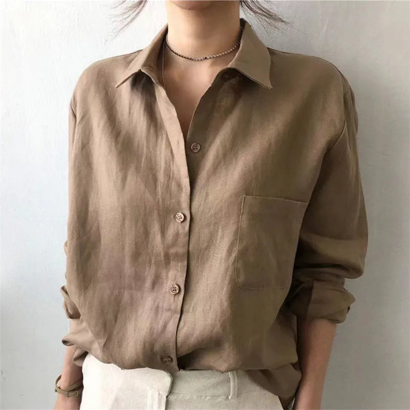 Korean Fashion Lady Thin Soft Linen Blouse 2025 Summer Spring Design Long Sleeves Loose Women Shirts