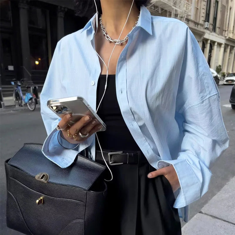 TRAF 2025 Shirts Blouses New Long Striped Shirt Women Long Sleeve Casual Shirts Large Tops Summer Plain Button Up Shirts 088
