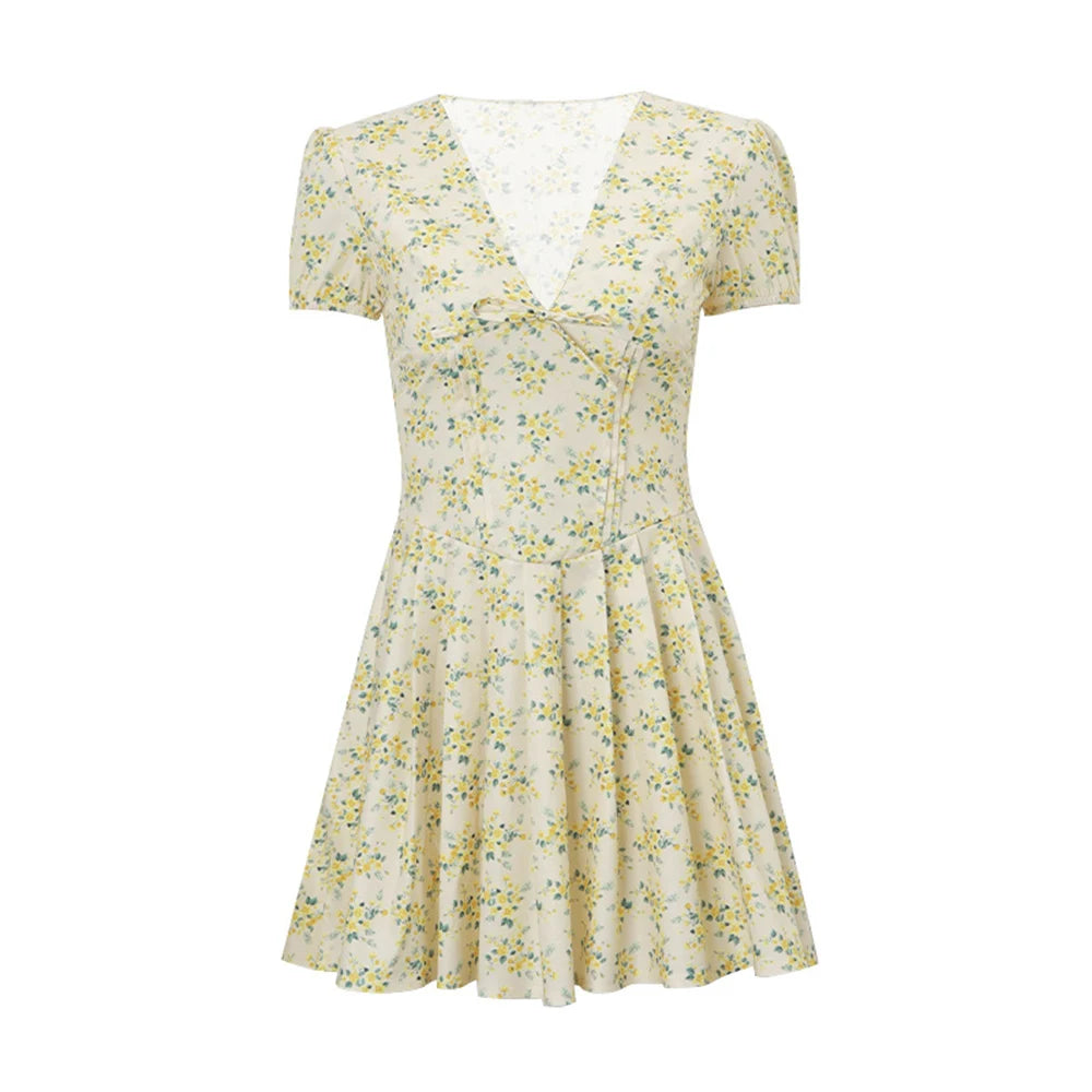 FZCSPEED Printed V-neck Puff Sleeve Mini Dress Floral Print High-waisted Bow Embellished Dress