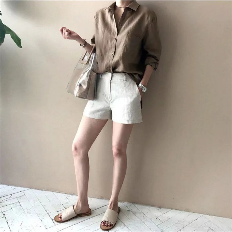 Korean Fashion Lady Thin Soft Linen Blouse 2025 Summer Spring Design Long Sleeves Loose Women Shirts