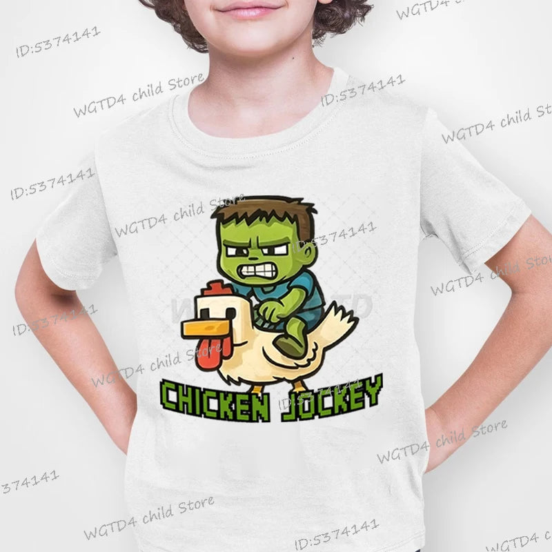 Children's Clothing Funny Chicken Jockey Graphic T Shirt Baby Girl Boy Summer Tops Cartoon Fashion Chicken Jockey Kids Clothes