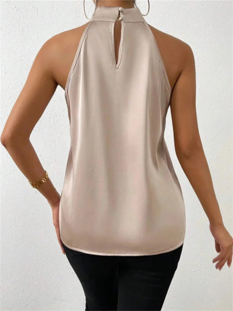 Summer new European and American women's color Ding halter sleeveless vest satin imitation silk blouse