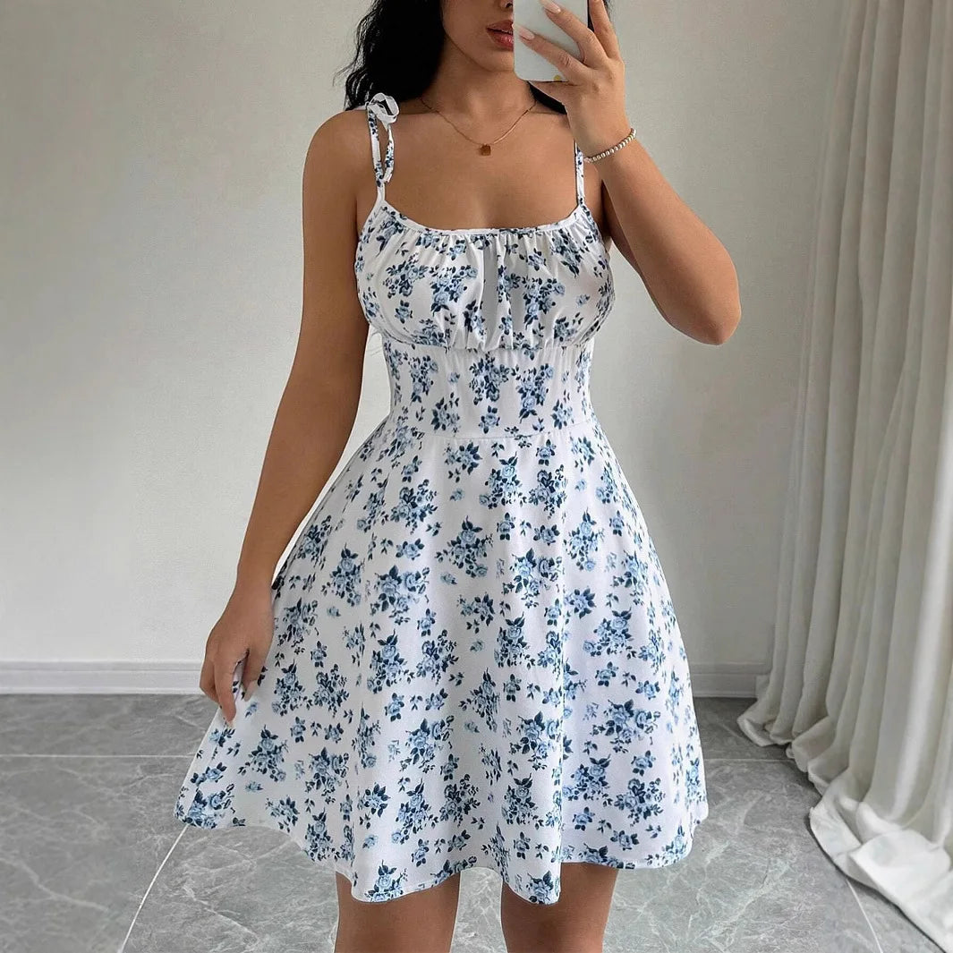 Floral Strap Short Dress Square Neck Summer Women's Strap Floral Dress Fashion Daily Women's Wear 2025 Floral Strap Dress