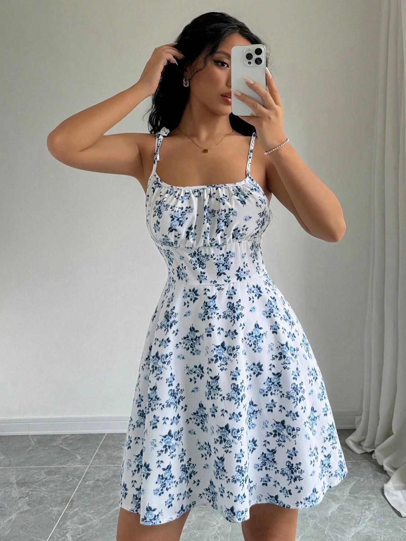 Floral Strap Short Dress Square Neck Summer Women's Strap Floral Dress Fashion Daily Women's Wear 2025 Floral Strap Dress