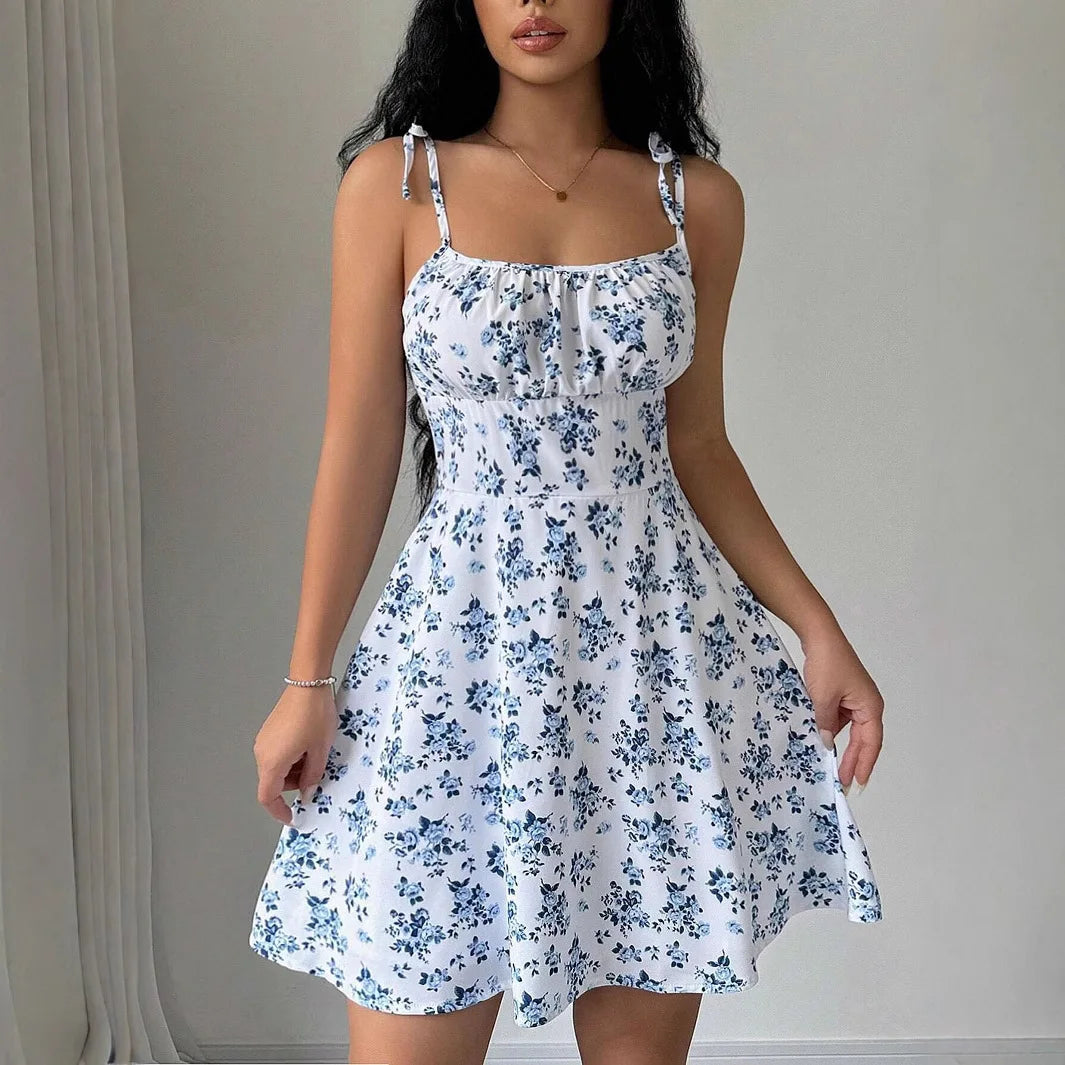 Floral Strap Short Dress Square Neck Summer Women's Strap Floral Dress Fashion Daily Women's Wear 2025 Floral Strap Dress