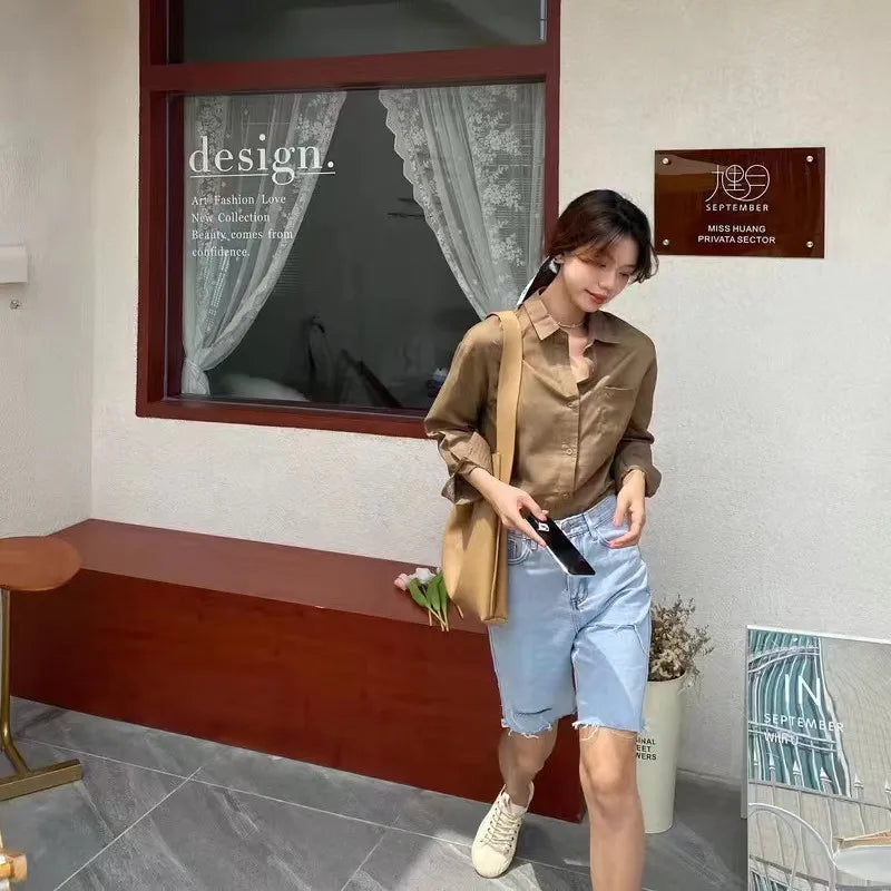 Korean Fashion Lady Thin Soft Linen Blouse 2025 Summer Spring Design Long Sleeves Loose Women Shirts