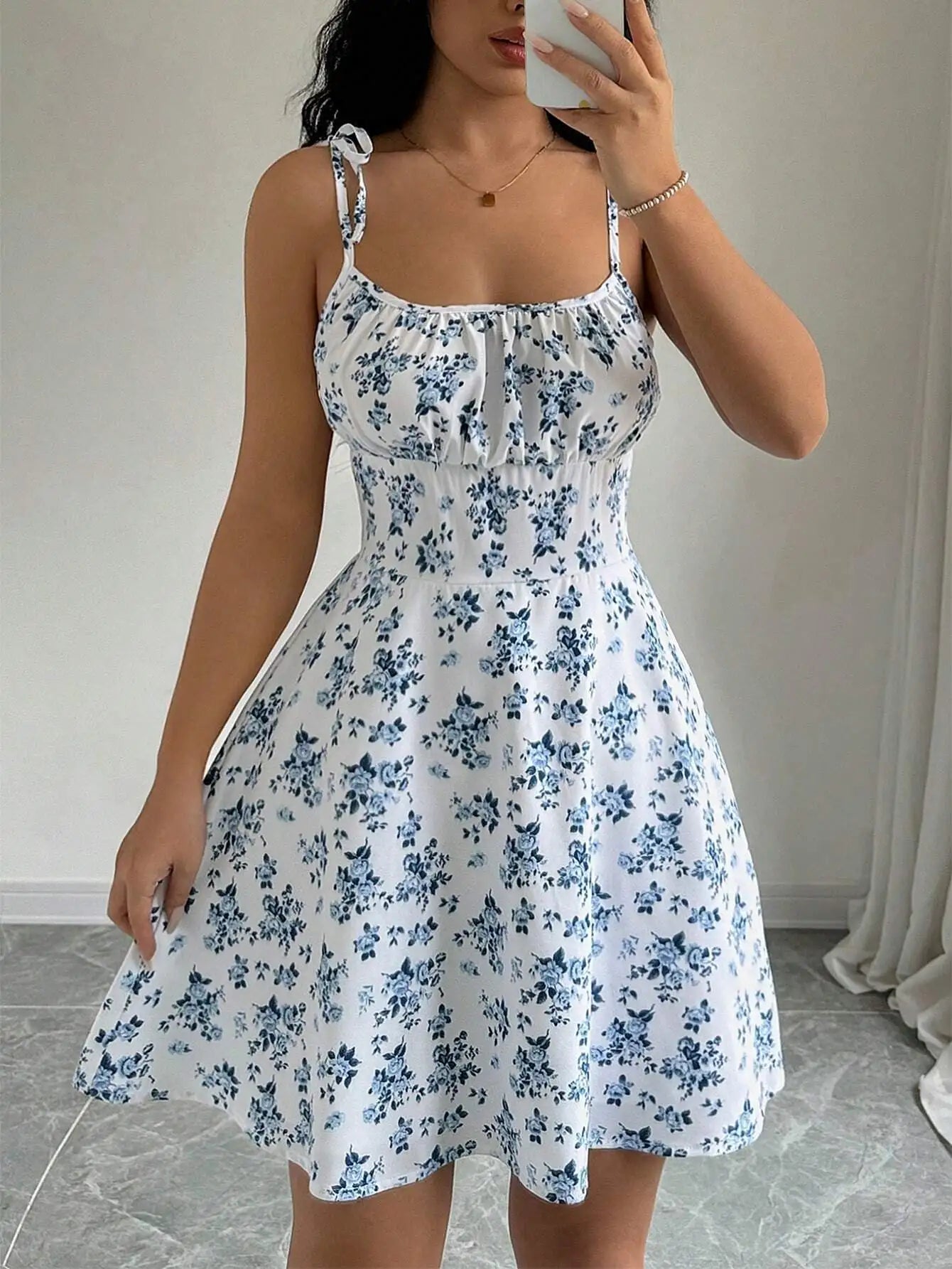 Floral Strap Short Dress Square Neck Summer Women's Strap Floral Dress Fashion Daily Women's Wear 2025 Floral Strap Dress