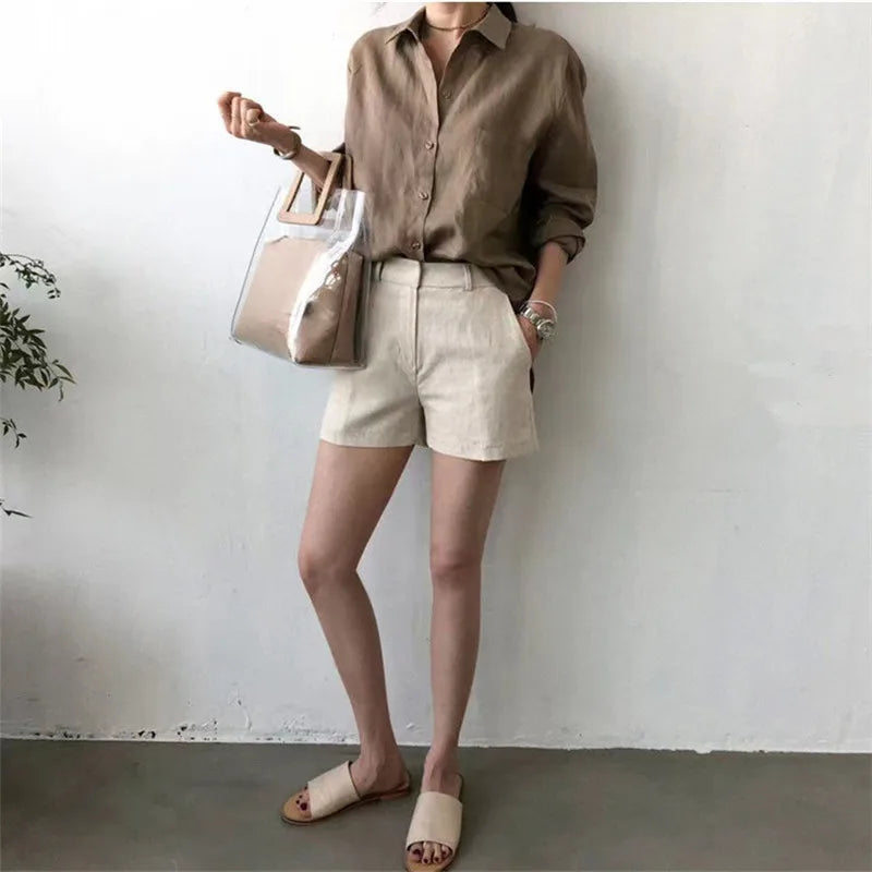 Korean Fashion Lady Thin Soft Linen Blouse 2025 Summer Spring Design Long Sleeves Loose Women Shirts