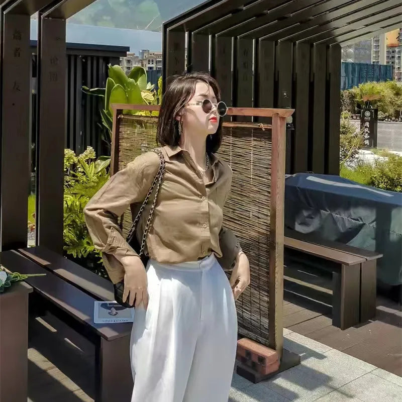 Korean Fashion Lady Thin Soft Linen Blouse 2025 Summer Spring Design Long Sleeves Loose Women Shirts