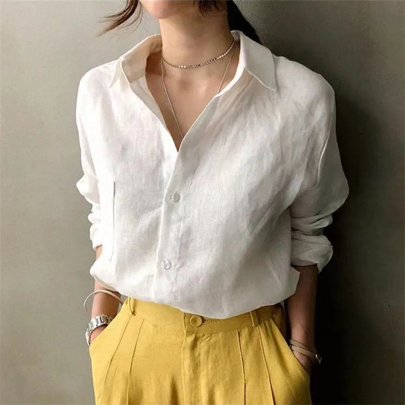 Korean Fashion Lady Thin Soft Linen Blouse 2025 Summer Spring Design Long Sleeves Loose Women Shirts