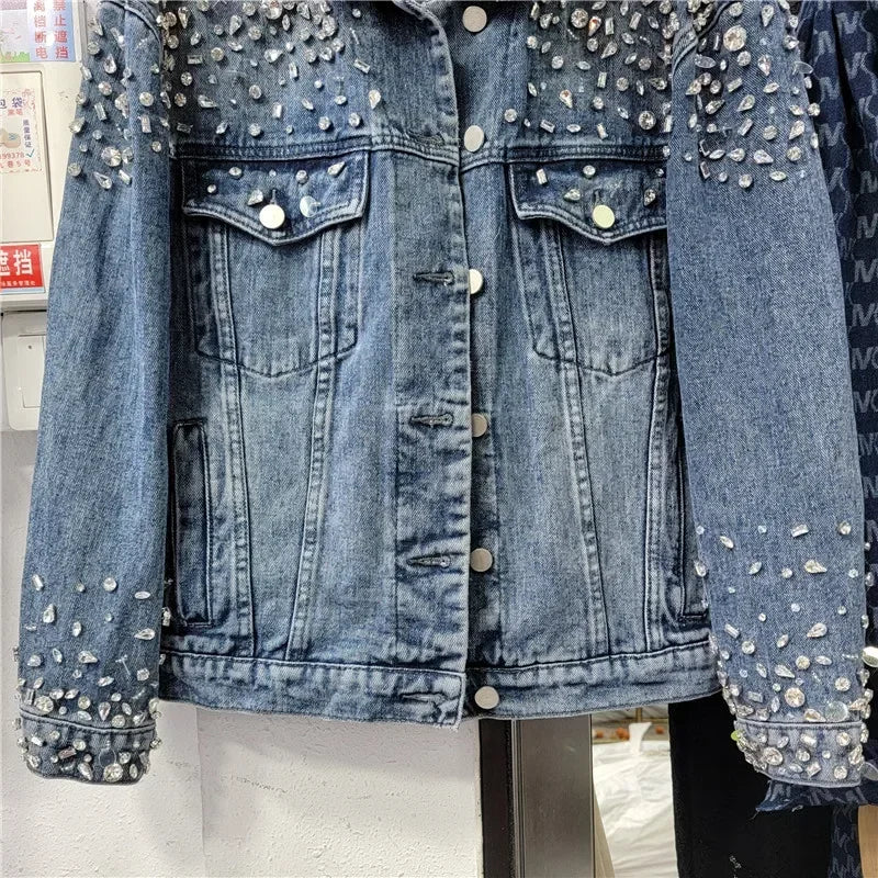 Retro Crystal Denim Coat Diamonds Beaded Jeans Bomber Jacket Cardigan Gemstones Cowboy Rhinestones Streetwear Tops Chaquetas