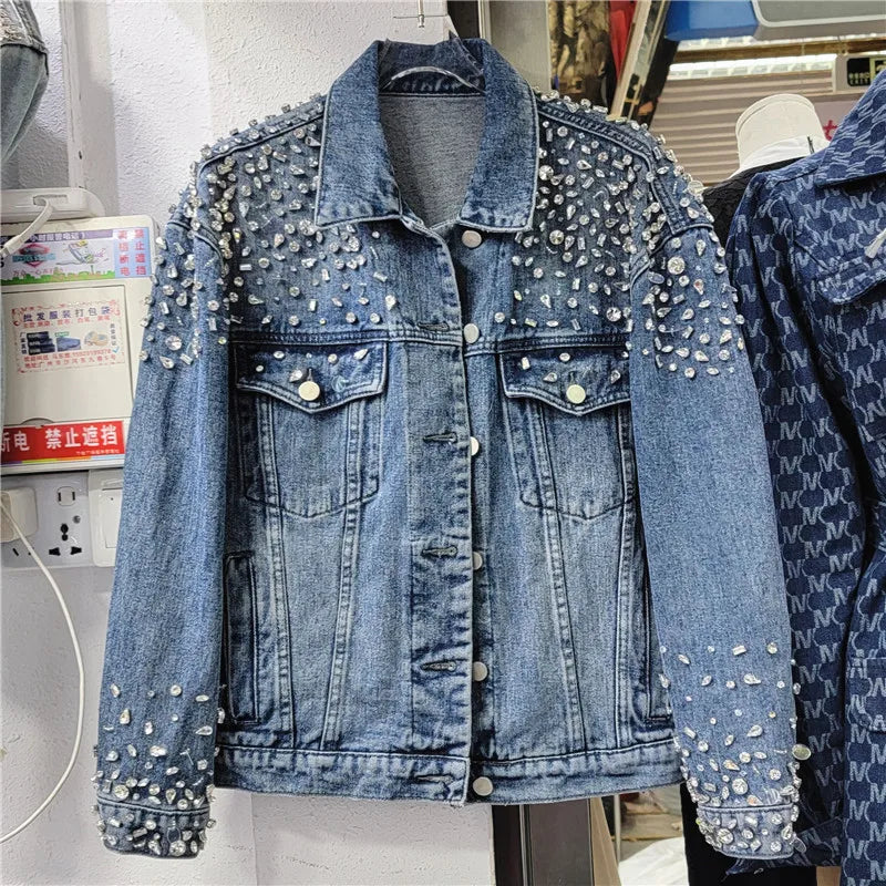 Retro Crystal Denim Coat Diamonds Beaded Jeans Bomber Jacket Cardigan Gemstones Cowboy Rhinestones Streetwear Tops Chaquetas