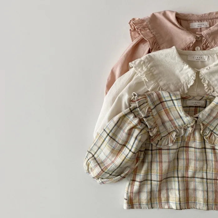 MILANCEL Girls Shirts Sweet Lapel Lace Shirts Kids Clothing Big Collar Plaid Casual Style Kids Girls Blouse Tops