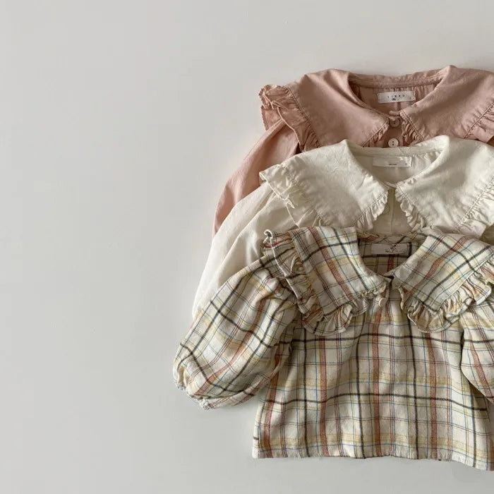 MILANCEL Girls Shirts Sweet Lapel Lace Shirts Kids Clothing Big Collar Plaid Casual Style Kids Girls Blouse Tops