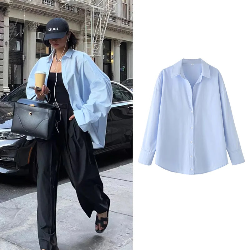 TRAF 2025 Shirts Blouses New Long Striped Shirt Women Long Sleeve Casual Shirts Large Tops Summer Plain Button Up Shirts 088