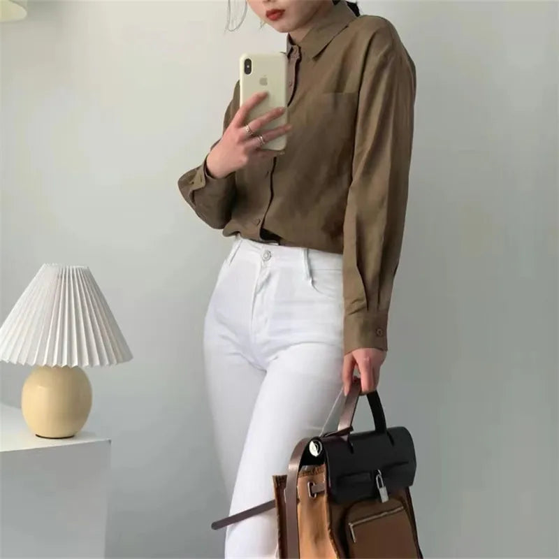 Korean Fashion Lady Thin Soft Linen Blouse 2025 Summer Spring Design Long Sleeves Loose Women Shirts