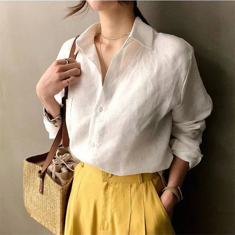 Korean Fashion Lady Thin Soft Linen Blouse 2025 Summer Spring Design Long Sleeves Loose Women Shirts