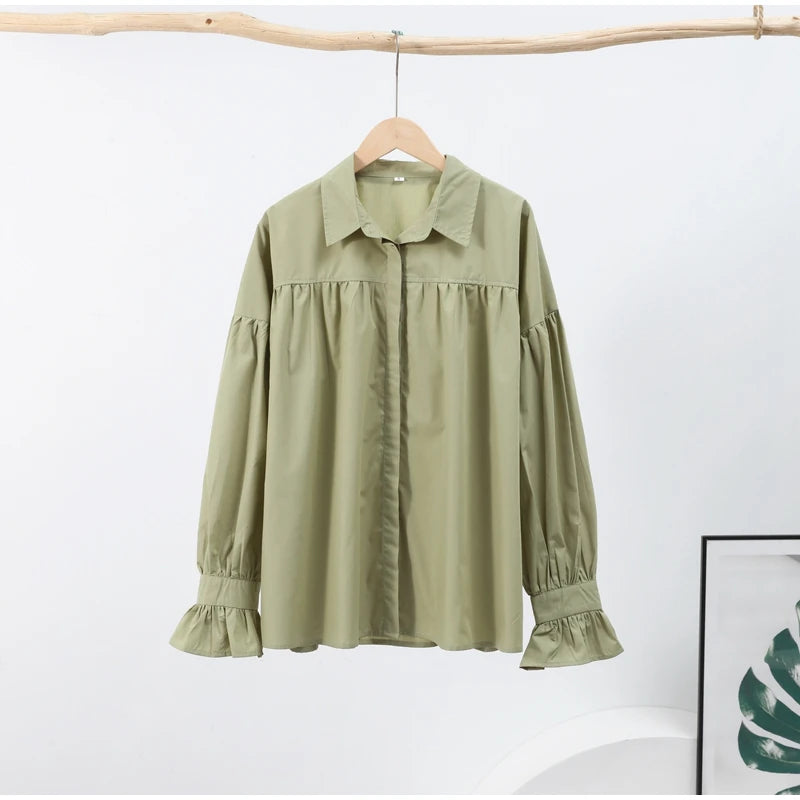 Casual Shirts Women Loose Lantern Sleeve Buttons Turn-Down Collar Pleated Blouse Lady Spring Summer Green Shirts Woman All-match