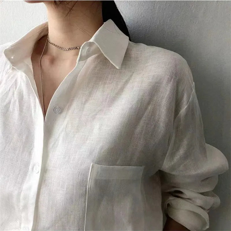 Korean Fashion Lady Thin Soft Linen Blouse 2025 Summer Spring Design Long Sleeves Loose Women Shirts