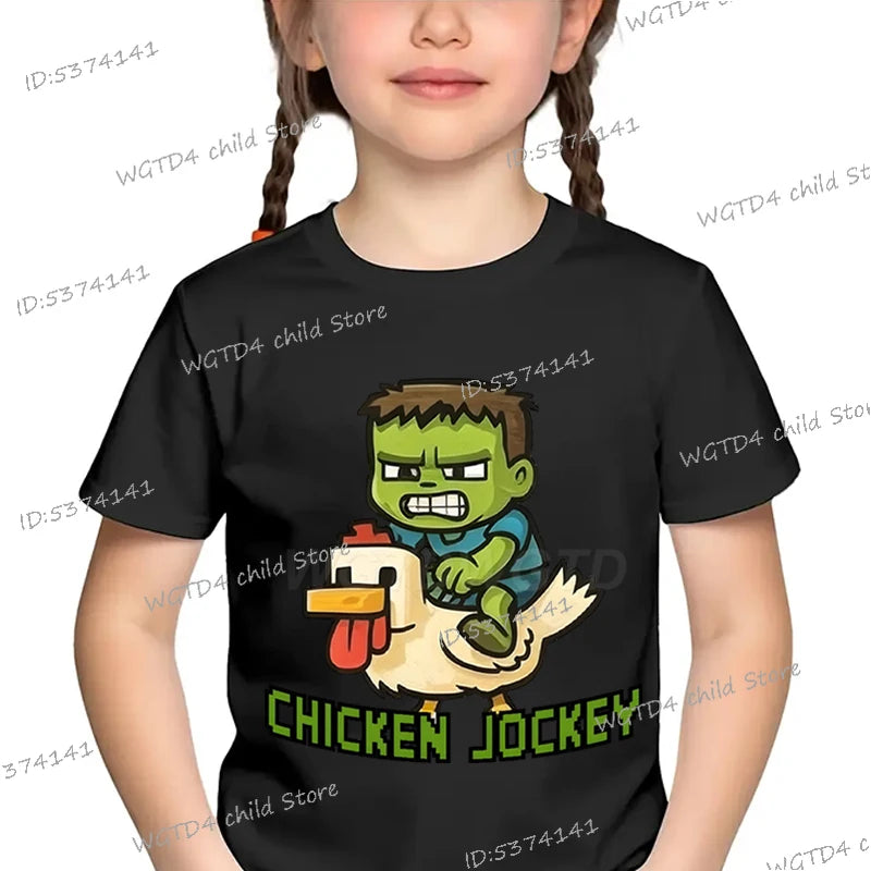 Children's Clothing Funny Chicken Jockey Graphic T Shirt Baby Girl Boy Summer Tops Cartoon Fashion Chicken Jockey Kids Clothes