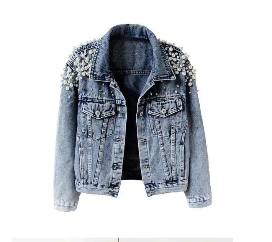 Pearl Denim Coat Women Cotton Spring Autumn Ropa Cardigan Jeans Punk Gothic Bomber Jacket Windbreaker Y2k Women Jackets Korean