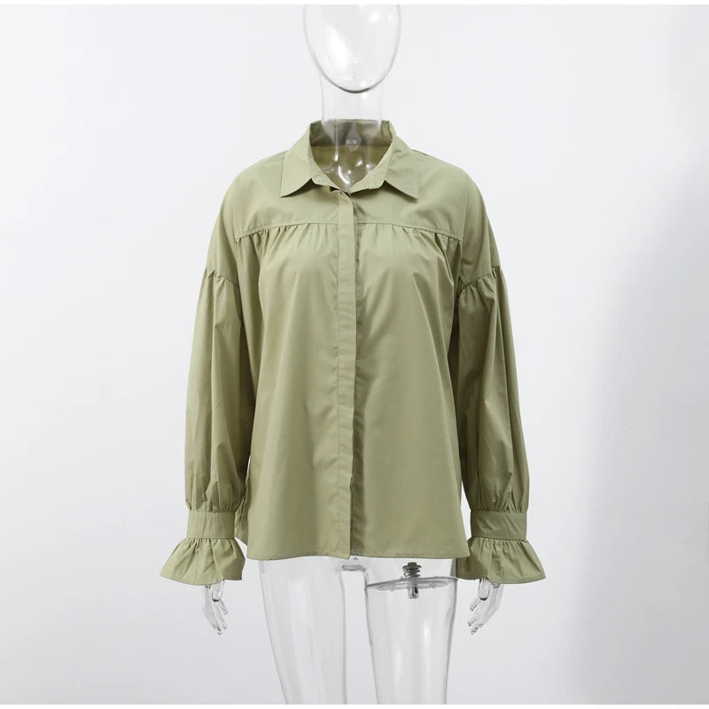 Casual Shirts Women Loose Lantern Sleeve Buttons Turn-Down Collar Pleated Blouse Lady Spring Summer Green Shirts Woman All-match