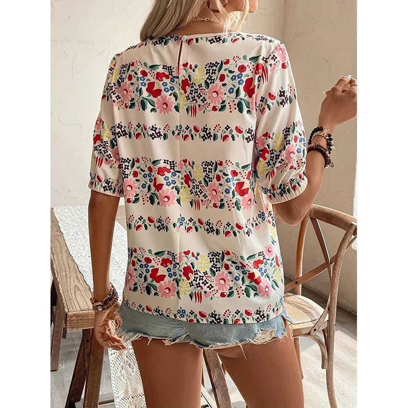 Spring and summer new fashion printed women's short sleeve flower shirt no rules design women's loose casual shirt sweet wind ro