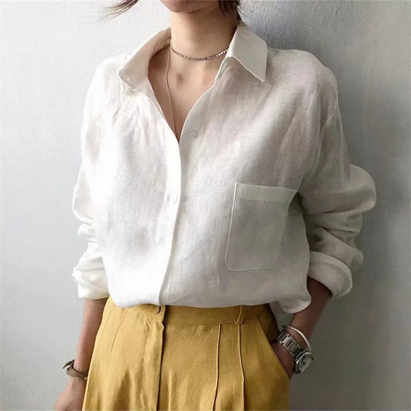 Korean Fashion Lady Thin Soft Linen Blouse 2025 Summer Spring Design Long Sleeves Loose Women Shirts