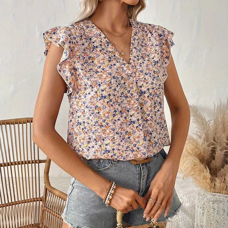 2024 spring/summer new short fragment flower sleeve top France gentle and sweet V-neck fiber breathable slim body