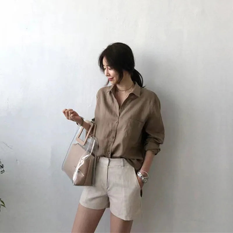 Korean Fashion Lady Thin Soft Linen Blouse 2025 Summer Spring Design Long Sleeves Loose Women Shirts