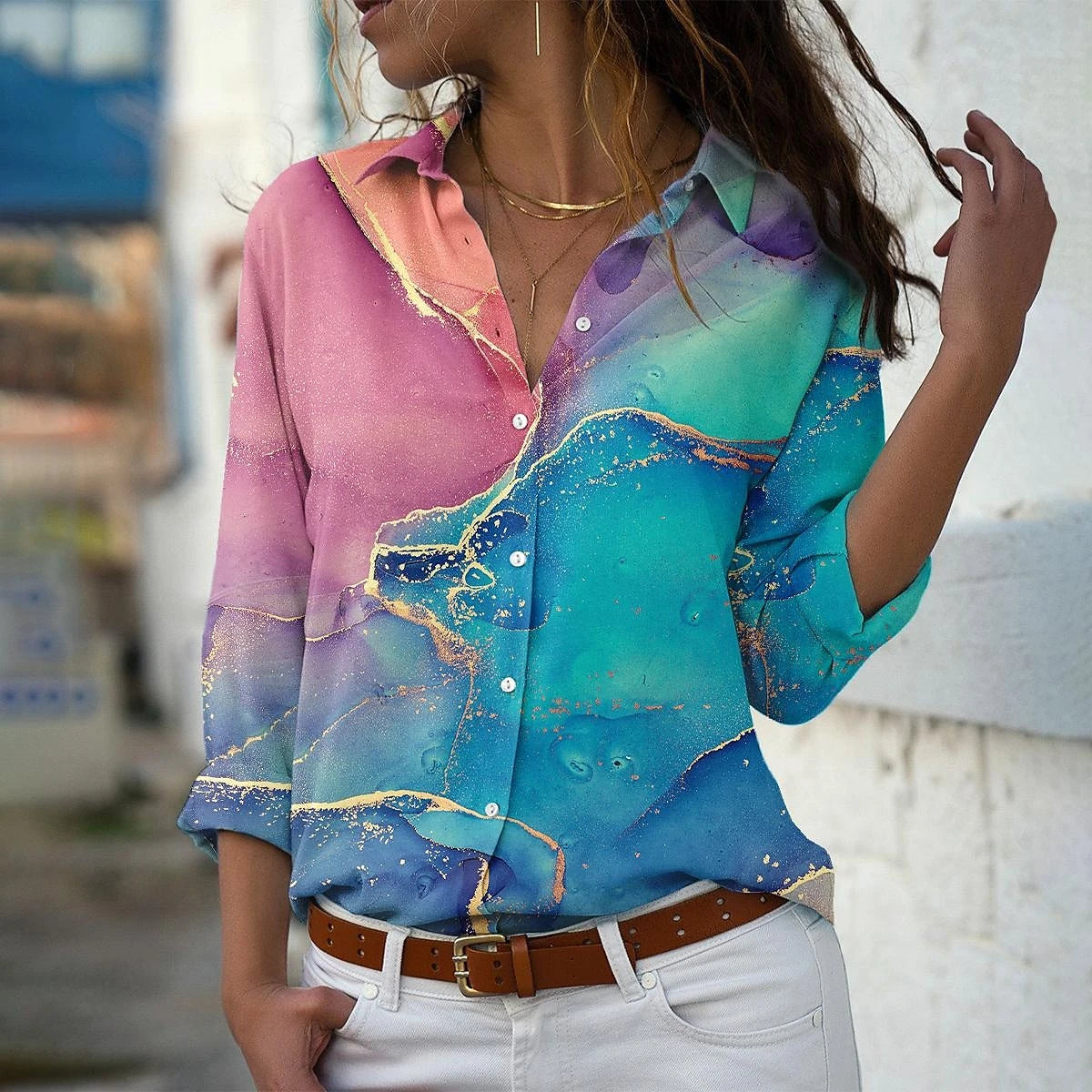 New Long Sleeve Shirts Women Fashion Casual  Women Shirts Printed Tops Women