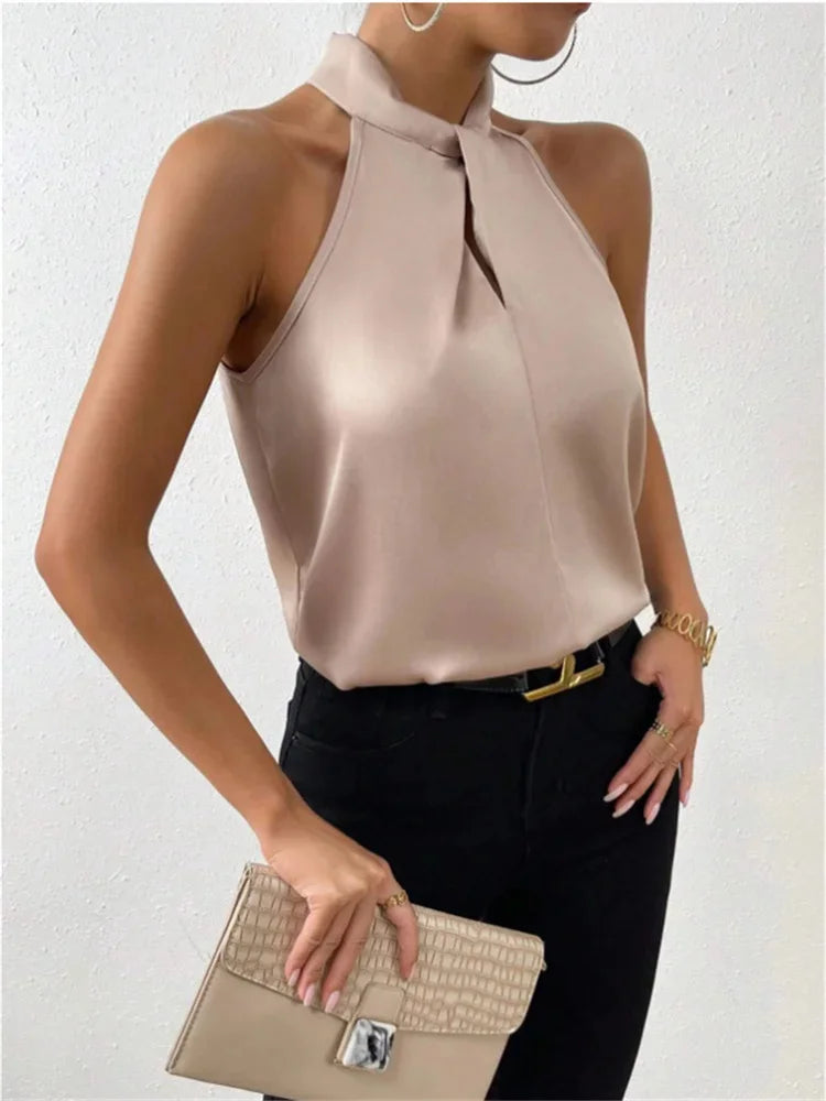Summer new European and American women's color Ding halter sleeveless vest satin imitation silk blouse