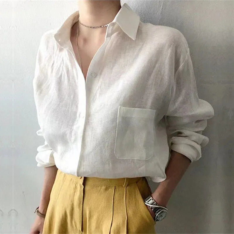 Korean Fashion Lady Thin Soft Linen Blouse 2025 Summer Spring Design Long Sleeves Loose Women Shirts