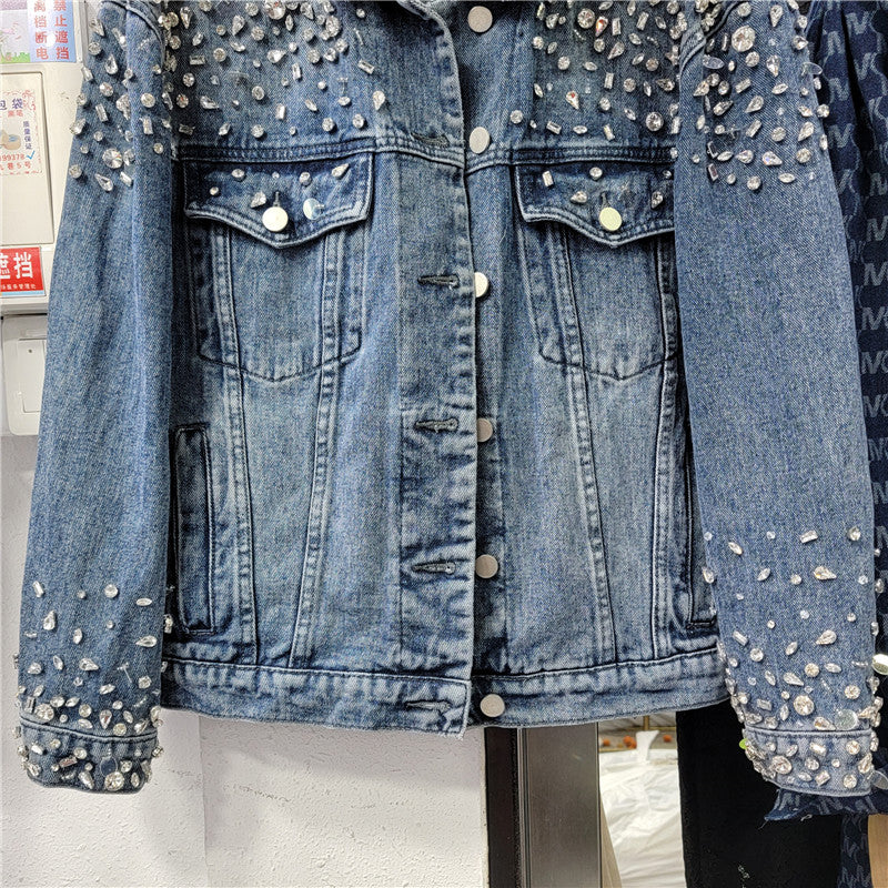 Retro Crystal Denim Coat Diamonds Beaded Jeans Bomber Jacket Cardigan Gemstones Cowboy Rhinestones Streetwear Tops Chaquetas