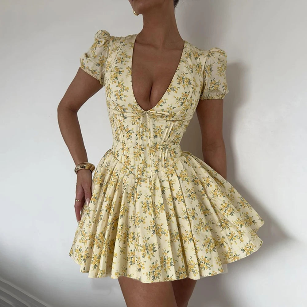 FZCSPEED Printed V-neck Puff Sleeve Mini Dress Floral Print High-waisted Bow Embellished Dress