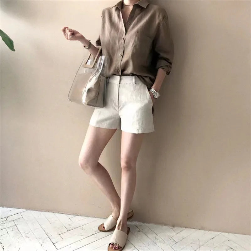 Korean Fashion Lady Thin Soft Linen Blouse 2025 Summer Spring Design Long Sleeves Loose Women Shirts